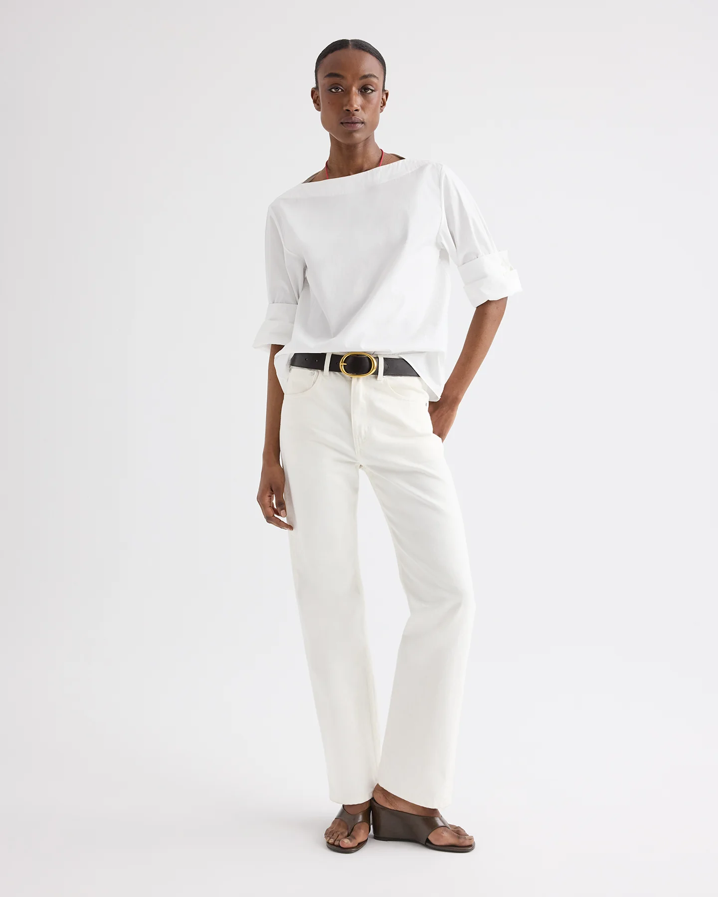 Boat Neck Top with Double Rolled Sleeve in Cotton Poplin - Image 3