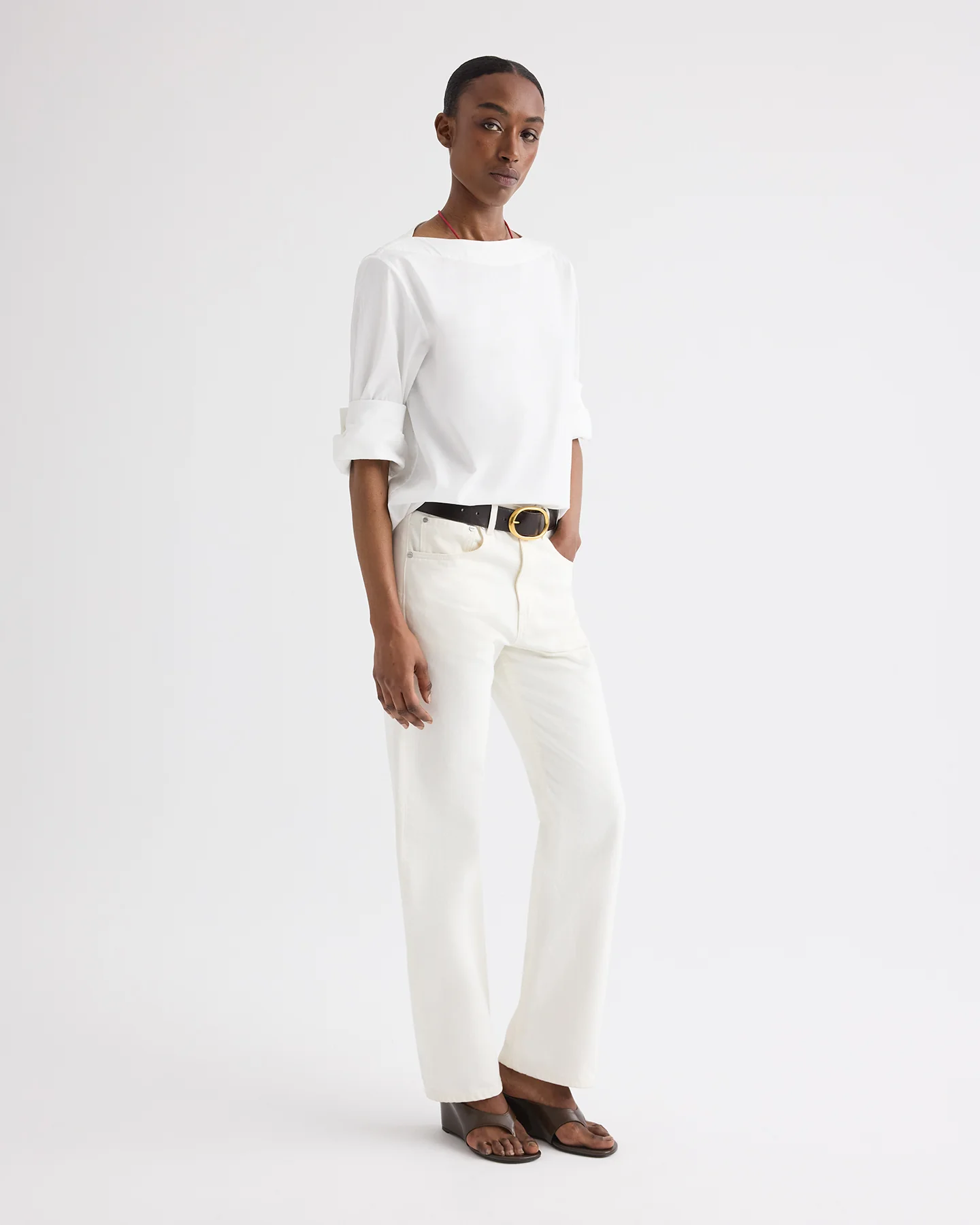 Boat Neck Top with Double Rolled Sleeve in Cotton Poplin - Image 4