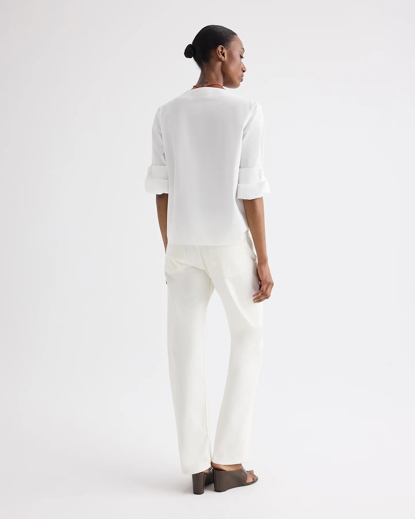 Boat Neck Top with Double Rolled Sleeve in Cotton Poplin - Image 5