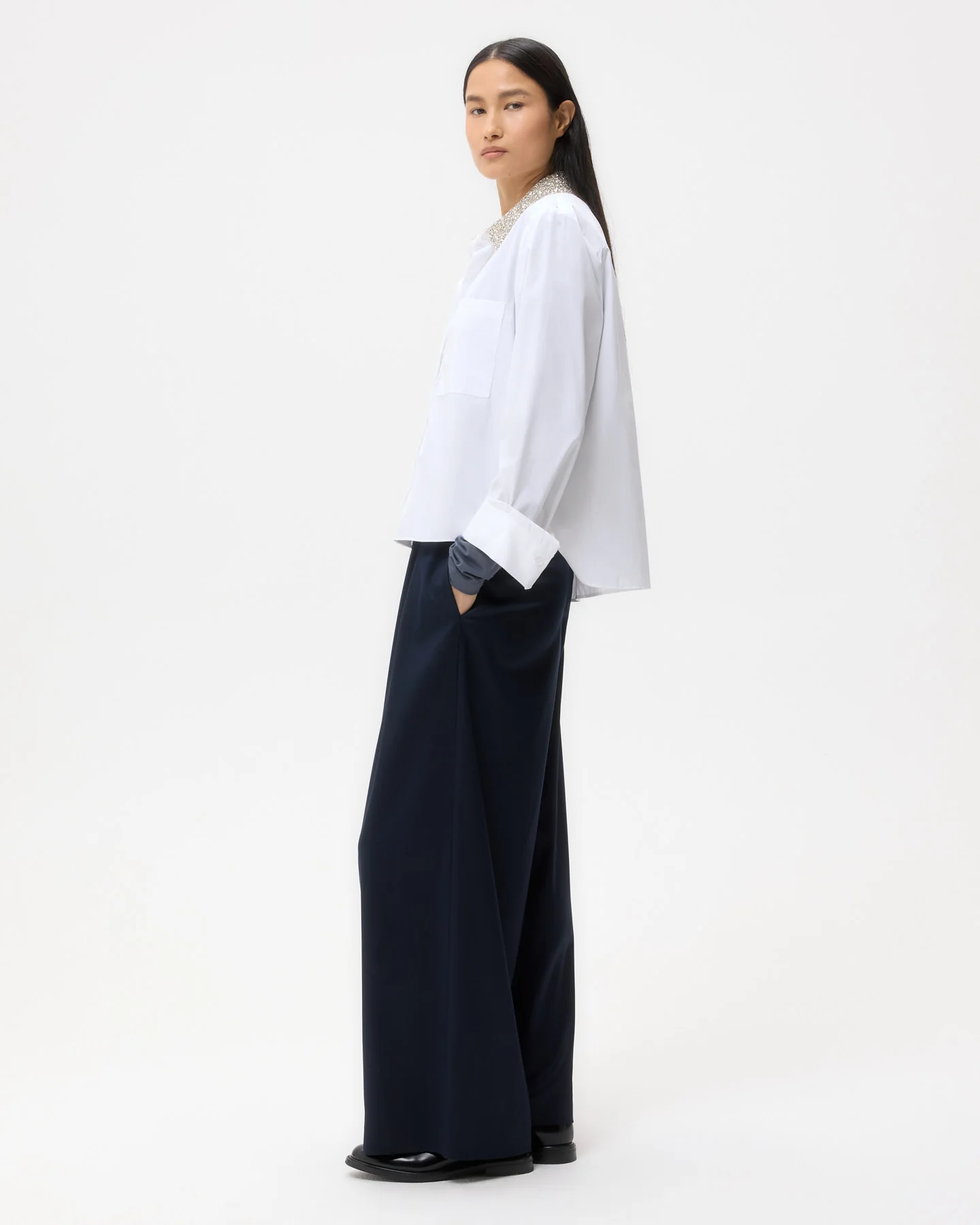 Dude Shirt With Crystal Collar in Super Compact Poplin - Image 4