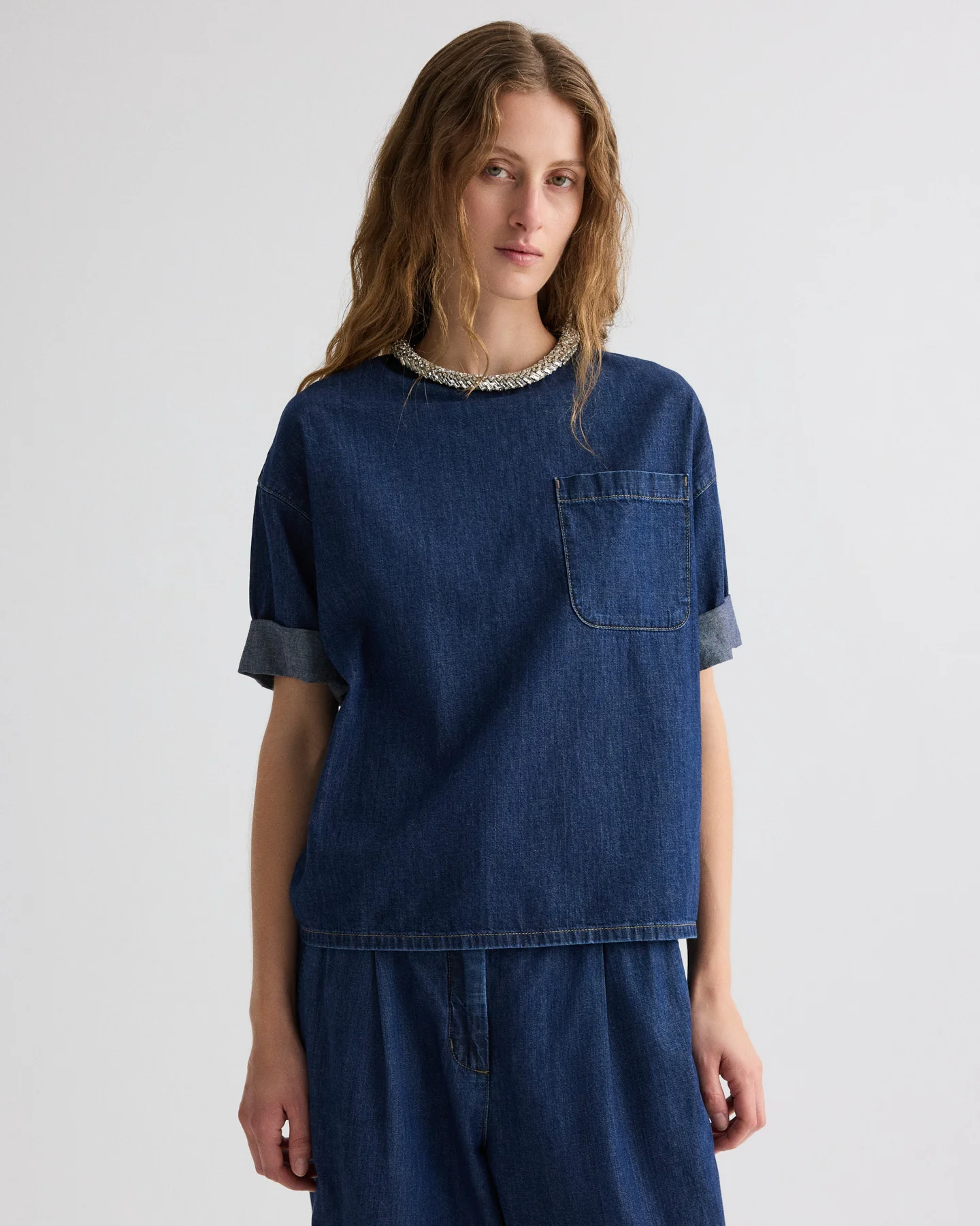 Ex T with Crystal Collar in Denim Shirting
