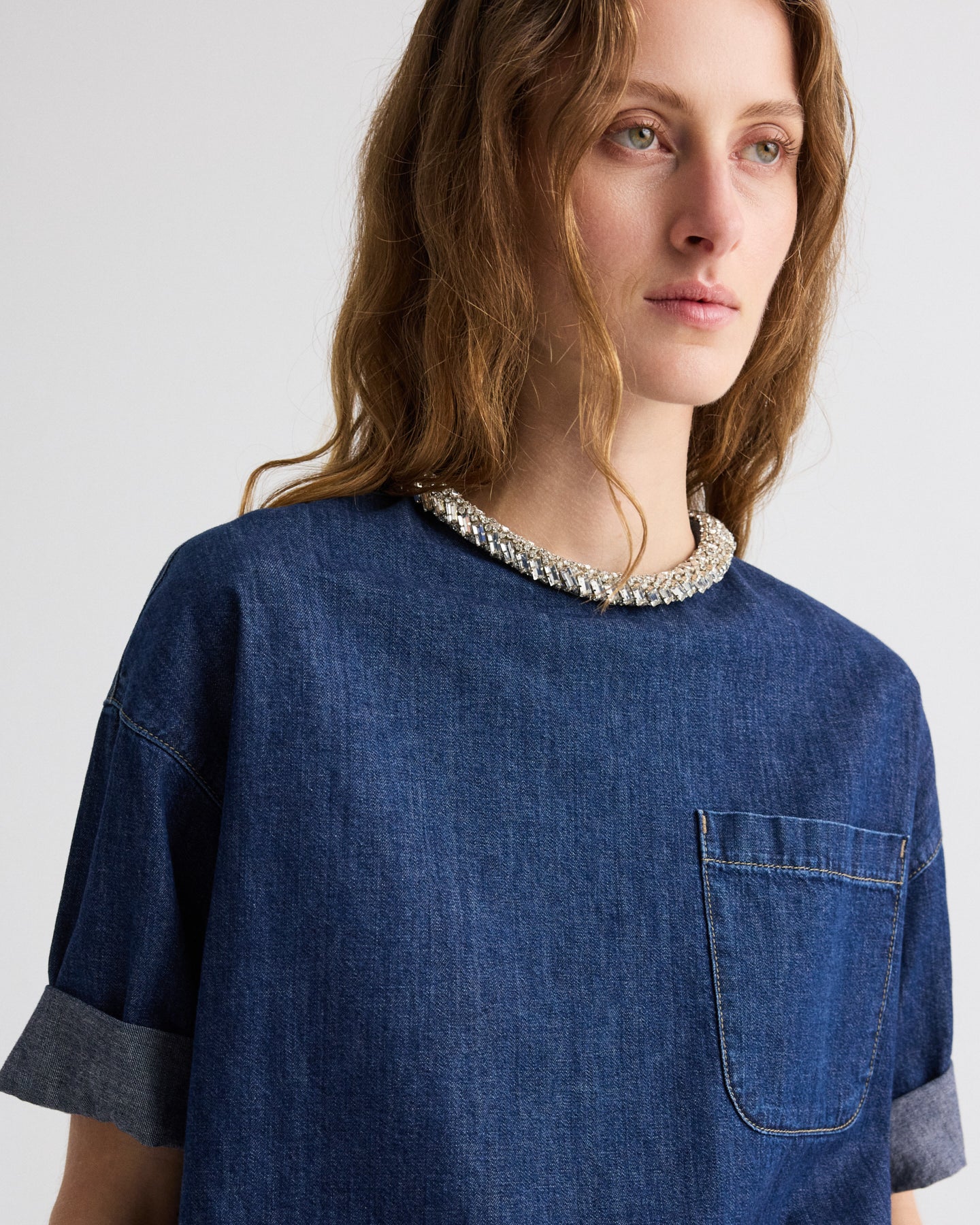 Ex T with Crystal Collar in Denim Shirting - Image 2
