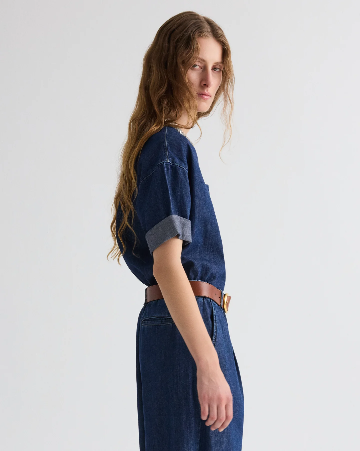 Ex T with Crystal Collar in Denim Shirting - Image 4
