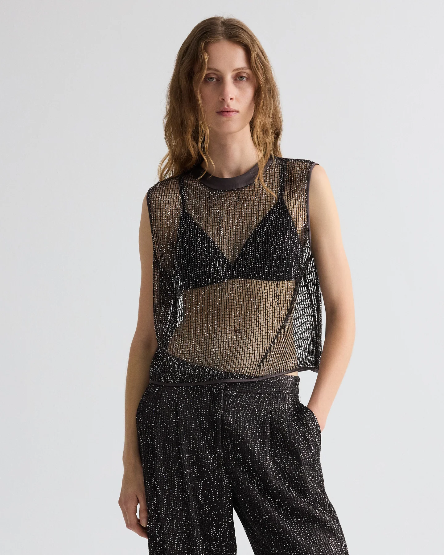 Short Muscle Tank in Mini Sequin Netting