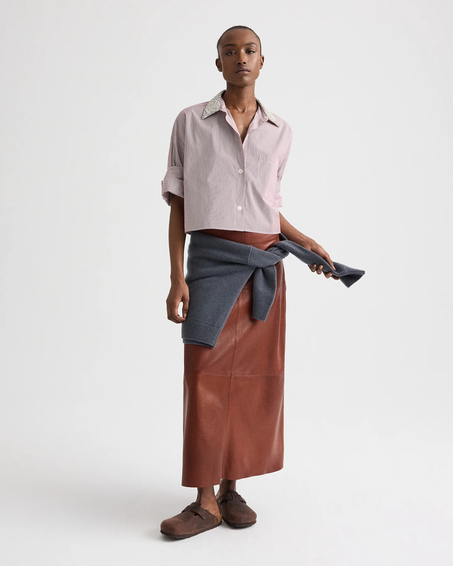 Next Ex Shirt with Crystal Collar in Superfine Mini Stripe - Image 3