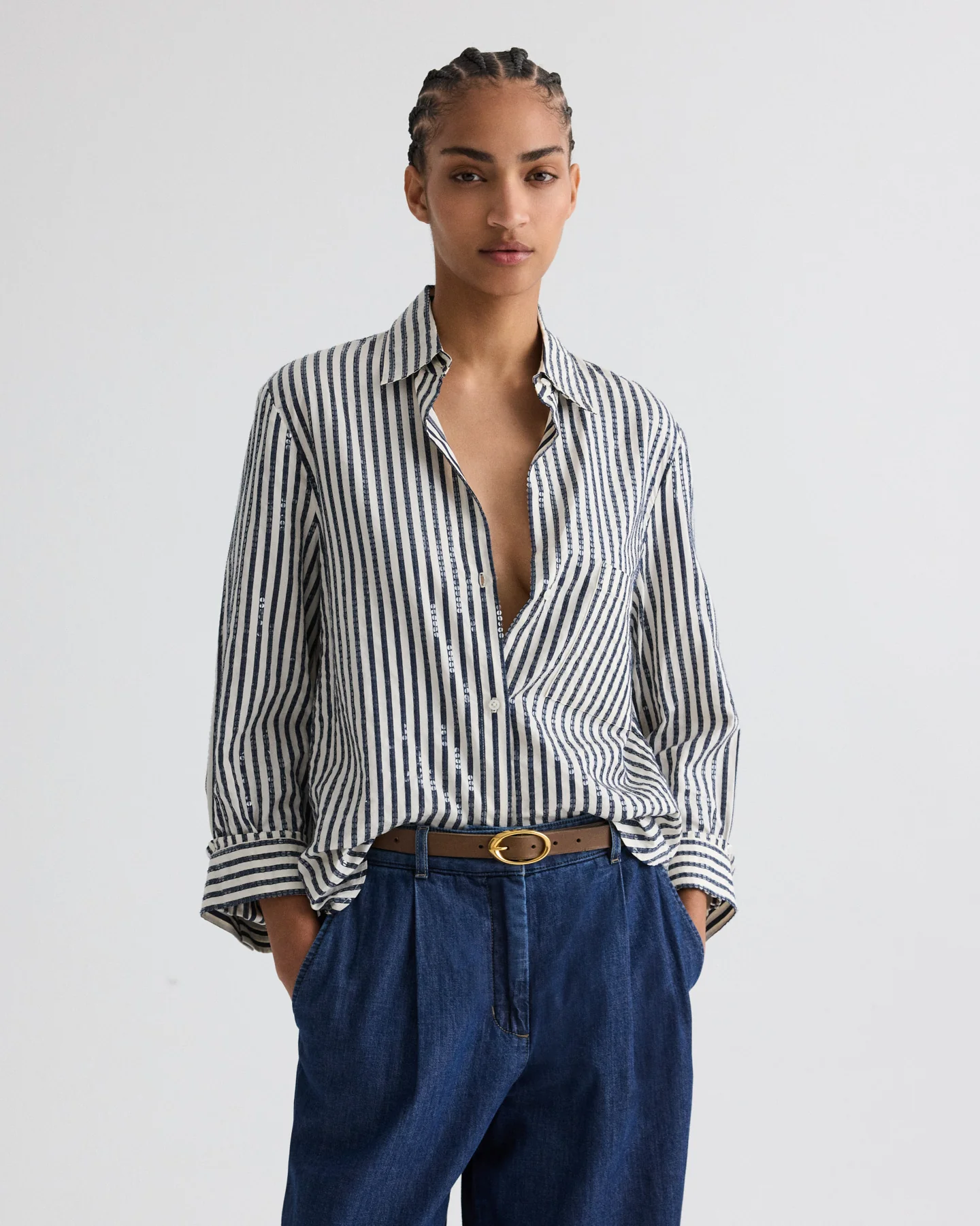 Next Morning Shirt in Clear Sequin on Stripe - Image 2