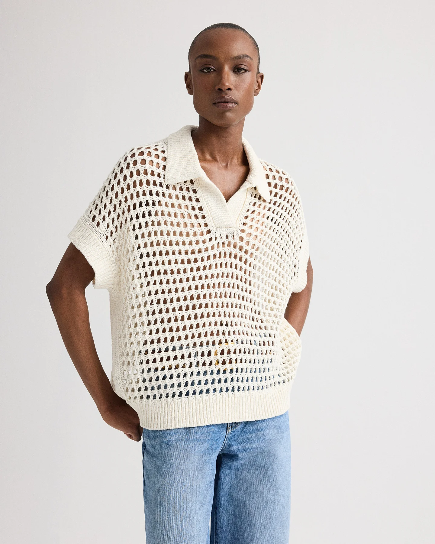 Supersized Open Knit Polo in Linen Silk - Image 2